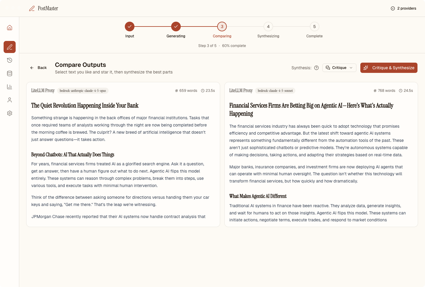 PostMaster comparing outputs from multiple AI models side by side