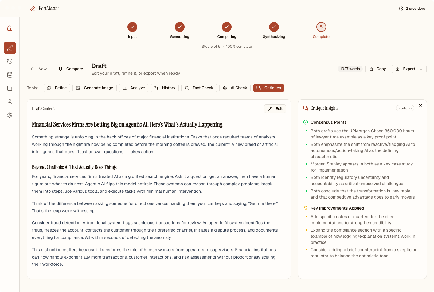 PostMaster final draft view with critique insights and editing tools