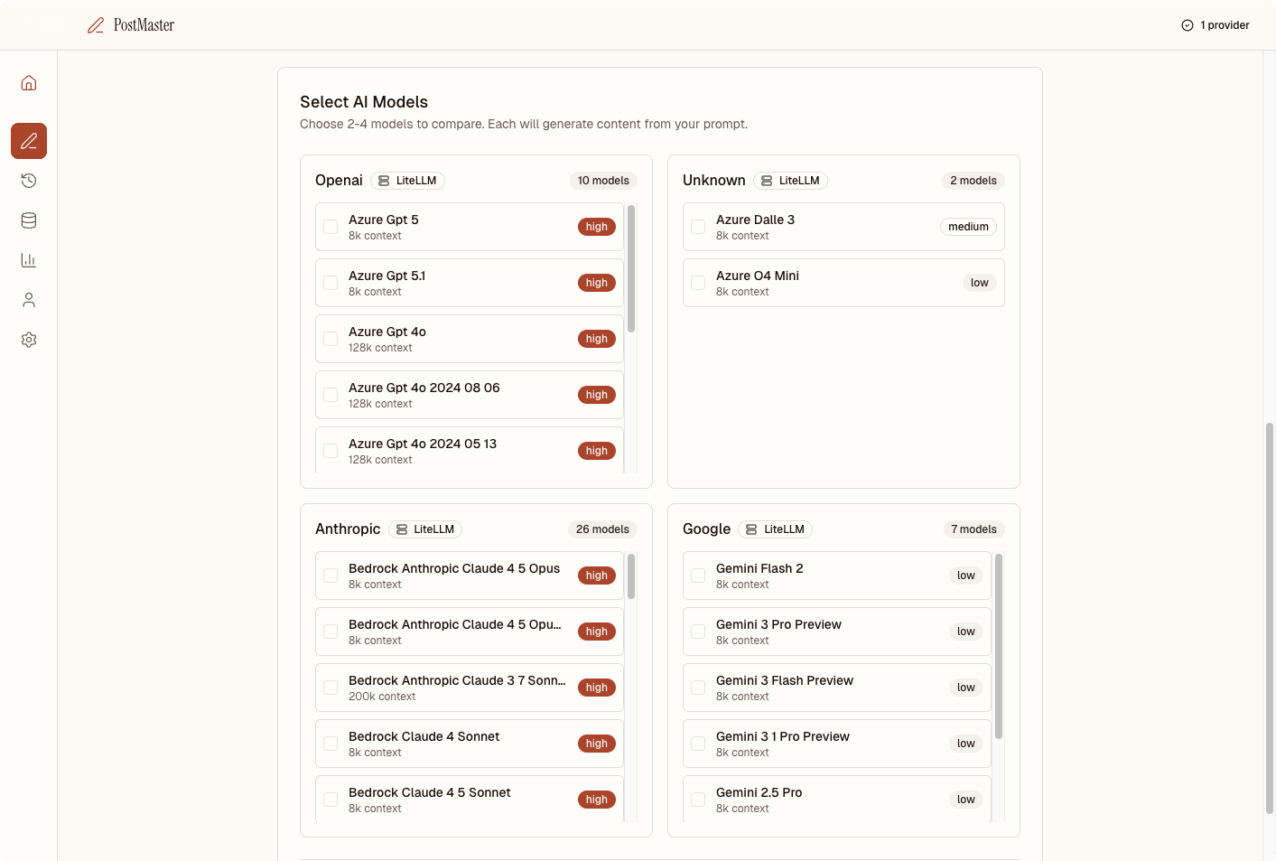 PostMaster model selection showing OpenAI, Anthropic, and Google models with context and cost indicators