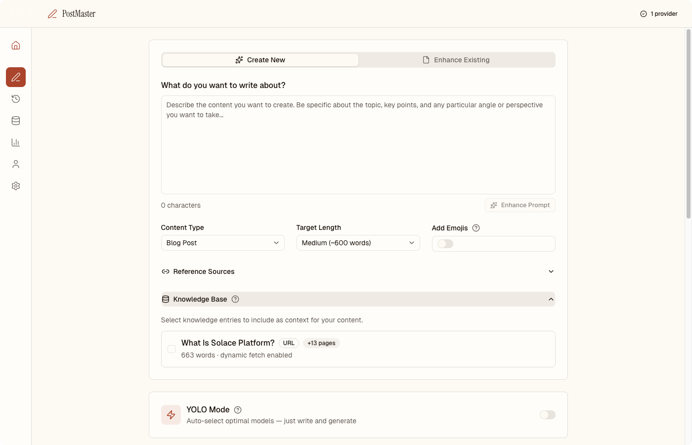 PostMaster create new content screen showing prompt input, content type selection, and knowledge base options