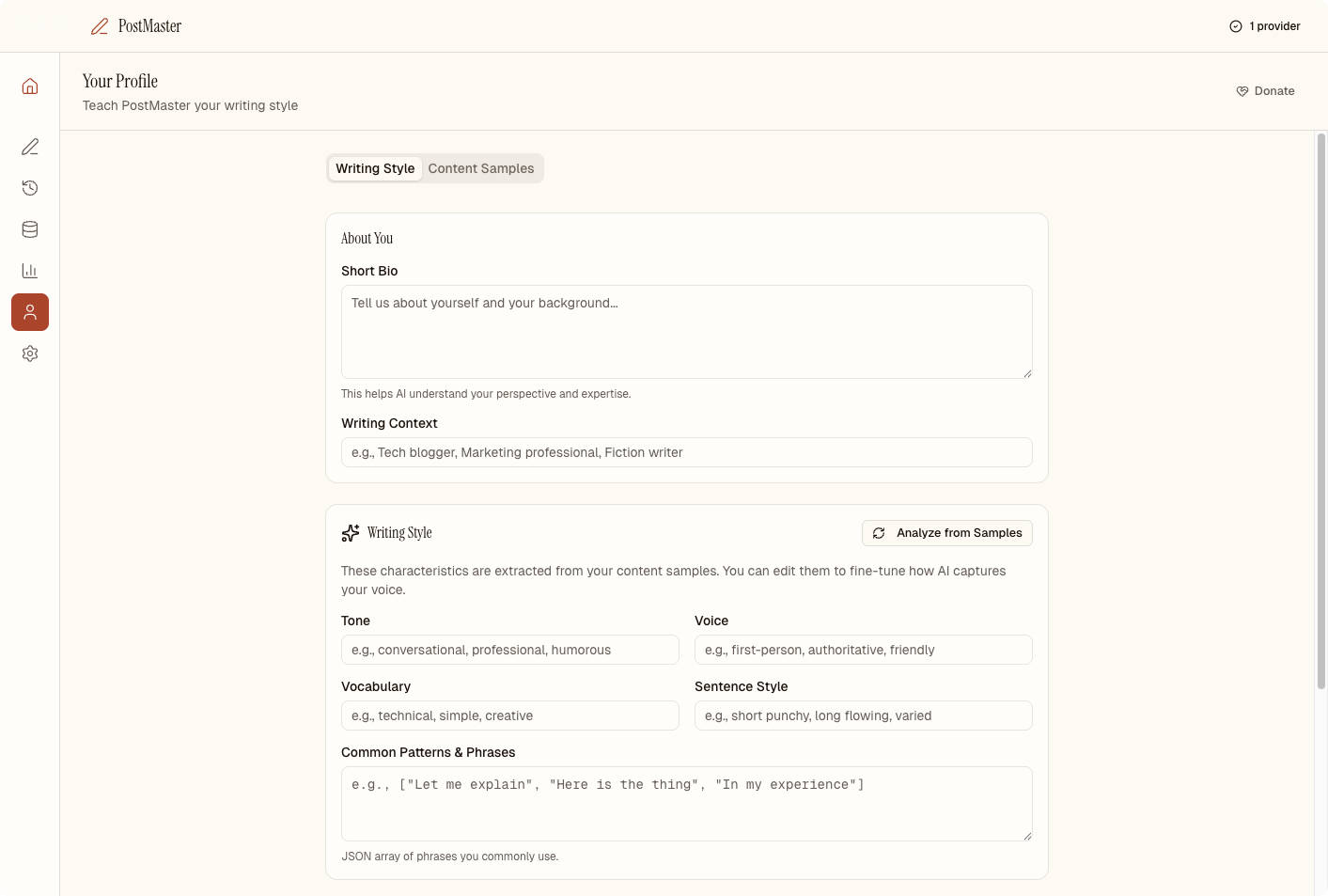 PostMaster writing style profile with tone, voice, and vocabulary settings